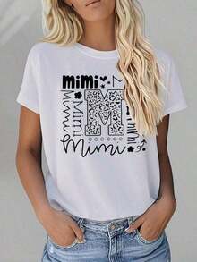 1 pieza de camiseta linda para mujer, talla grande, con estampado "Mimi" - Mezcla suave, diseño divertido de estrellas y corazones, camiseta casual de cuello redondo en color rosa para primavera y verano. |     Tela elástica, suelta y cómoda, tops coloridos estilo y2k, 180g, 100% algodón. - Negro - Ver 8