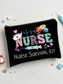 1pc,Nurse Survival Kit Cosmetic Bag - Colorful Plaid NURSE Letter Print Makeup Pouch With ECG Heartbeat, Syringe, Pill Bottle & Nurse Hat Pattern, Portable Canvas Travel Toiletry Bag, A Makeup Bag Designed For Nurses, A Fun Gift For Women, Nursing Students, And Practitioners, Perfect For Nurse Appreciation Week, A Travel Bag For Cosmetics, A Portable Storage Solution For Toiletries, And A Bag For Beauty And Skincare Products - Multicolor - View 3