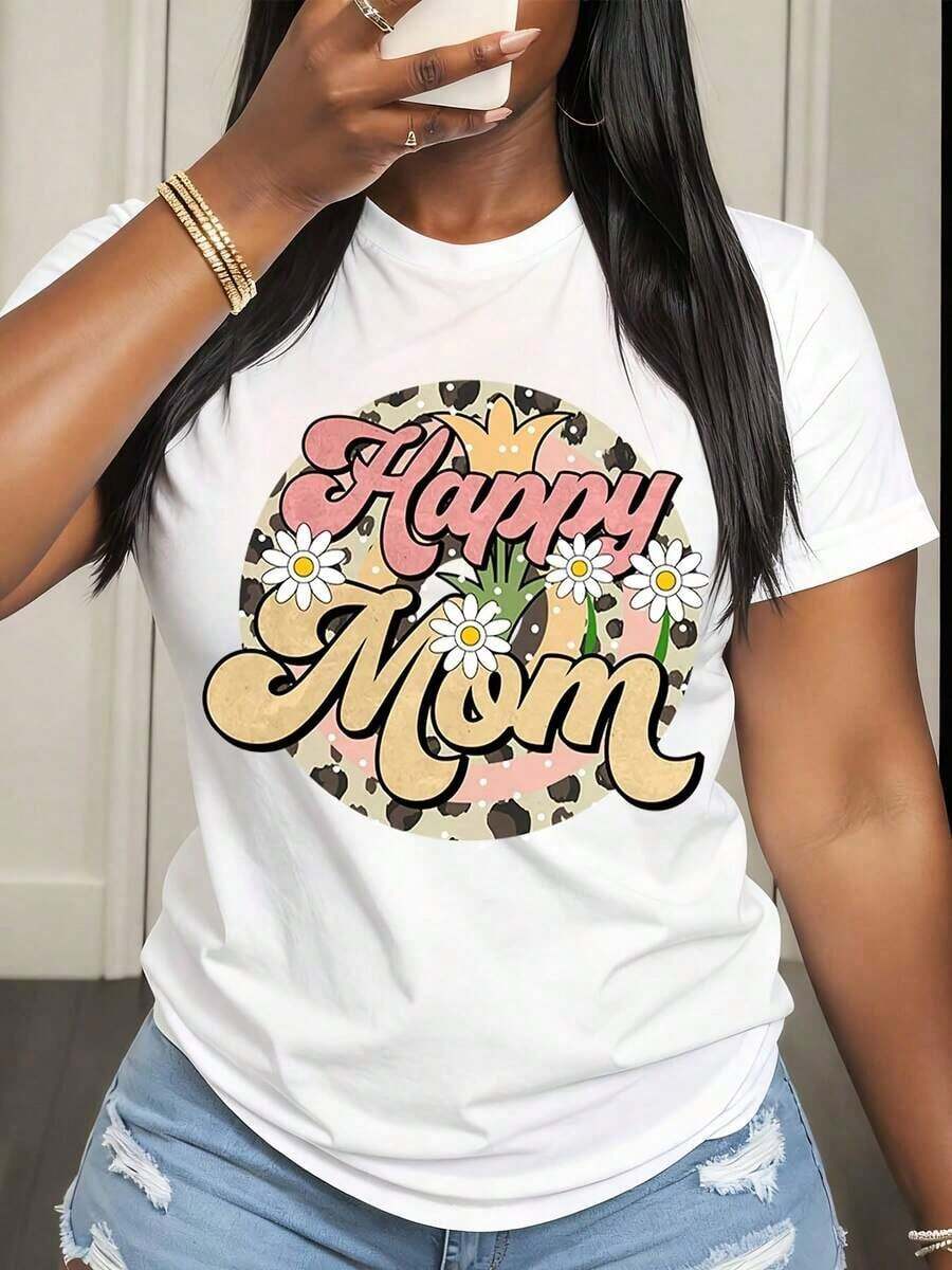Camiseta de Mujer con Diseño Floral y de Leopardo para Mamá Feliz, Ropa Casual de Verano para Celebración del Día de la Madre - Blanco - Ver 1