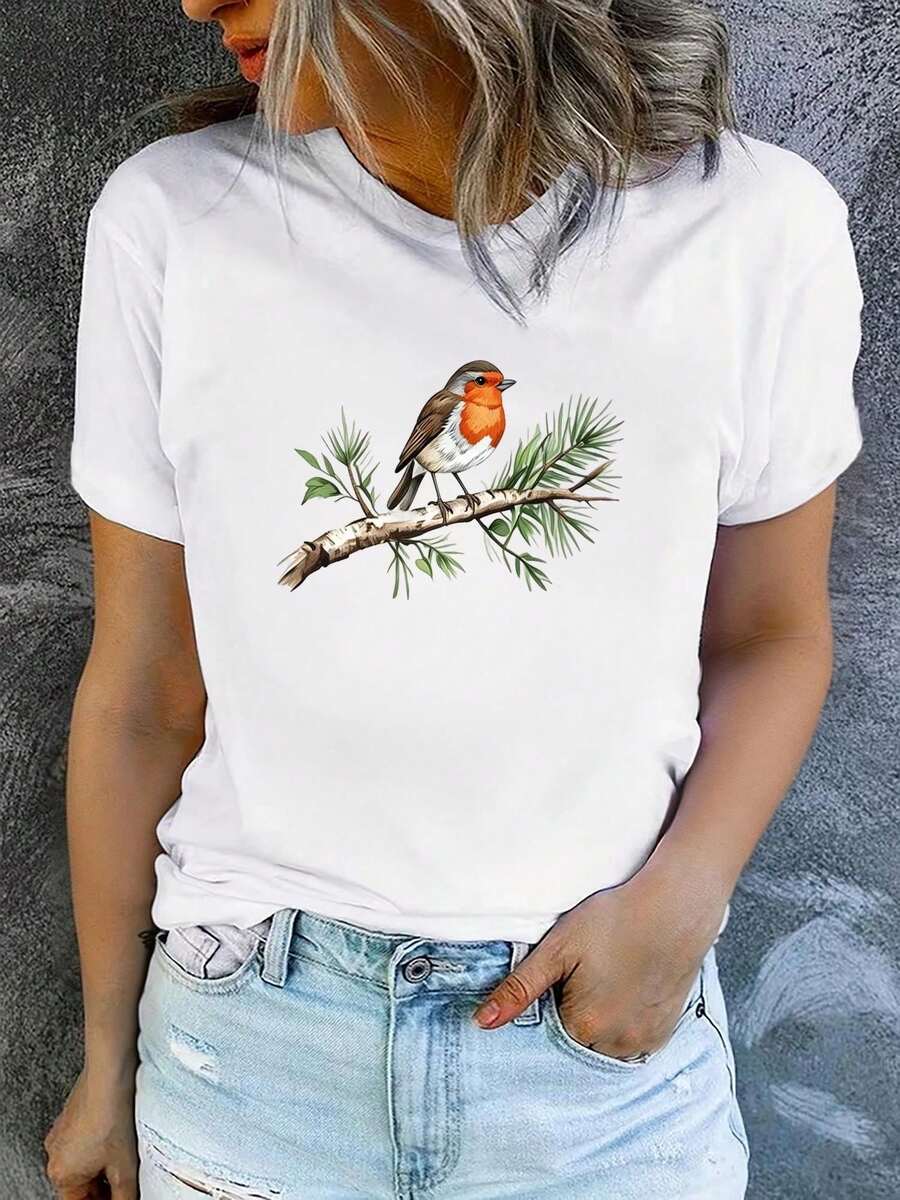 Women's Printed Short-Sleeved T-Shirt With Round Neck, Modern And Casual, Machine Washable, Comfortable Fit, 2D Flat Print, Casual 2D Blouses For Women. - 白色_04 - 查看 1