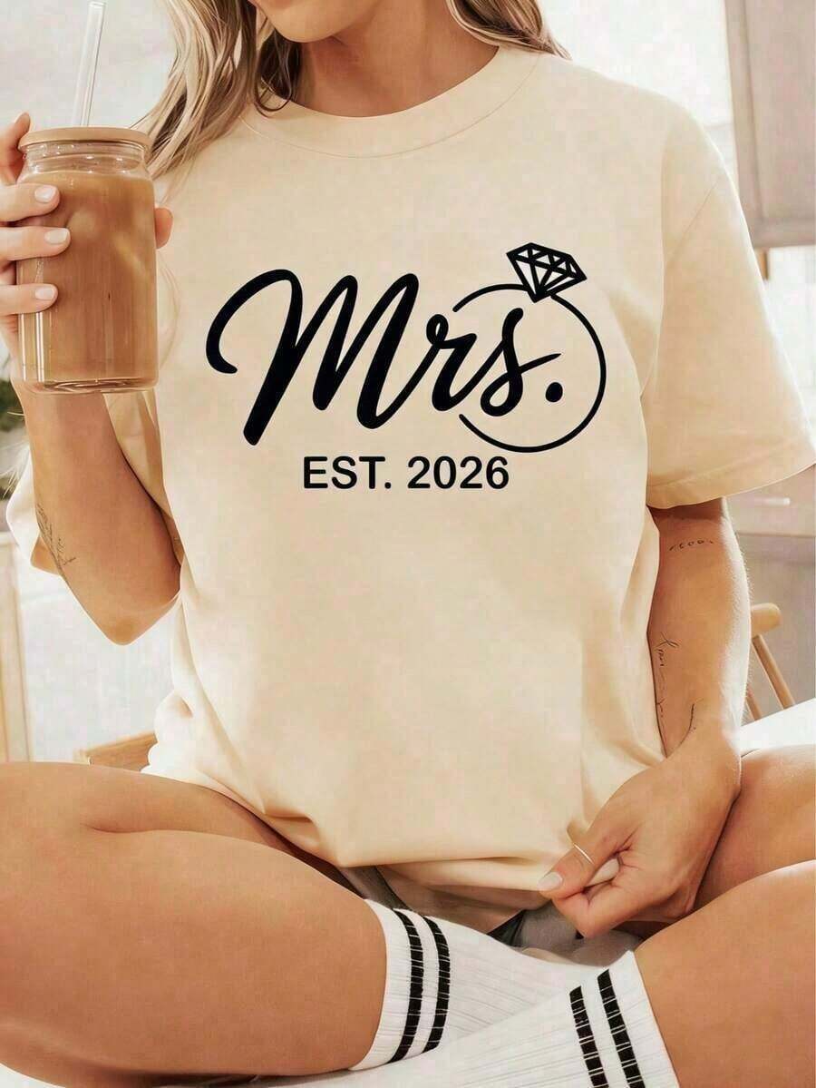 Playeras de mujer NUEVAS Camisetas de manga corta con cuello redondo de algodón ultra suave para mujer Fiancée Mrs. Camiseta con estampado para despedida de soltera, boda, informal, de cuello redondo, manga corta, cómoda, para primavera y verano - Ropa unisex para mujer y uso diario en el campus, tops coloridos, atuendos de club para mujer 2026blusas casuales para dama - Albaricoque - Ver 1