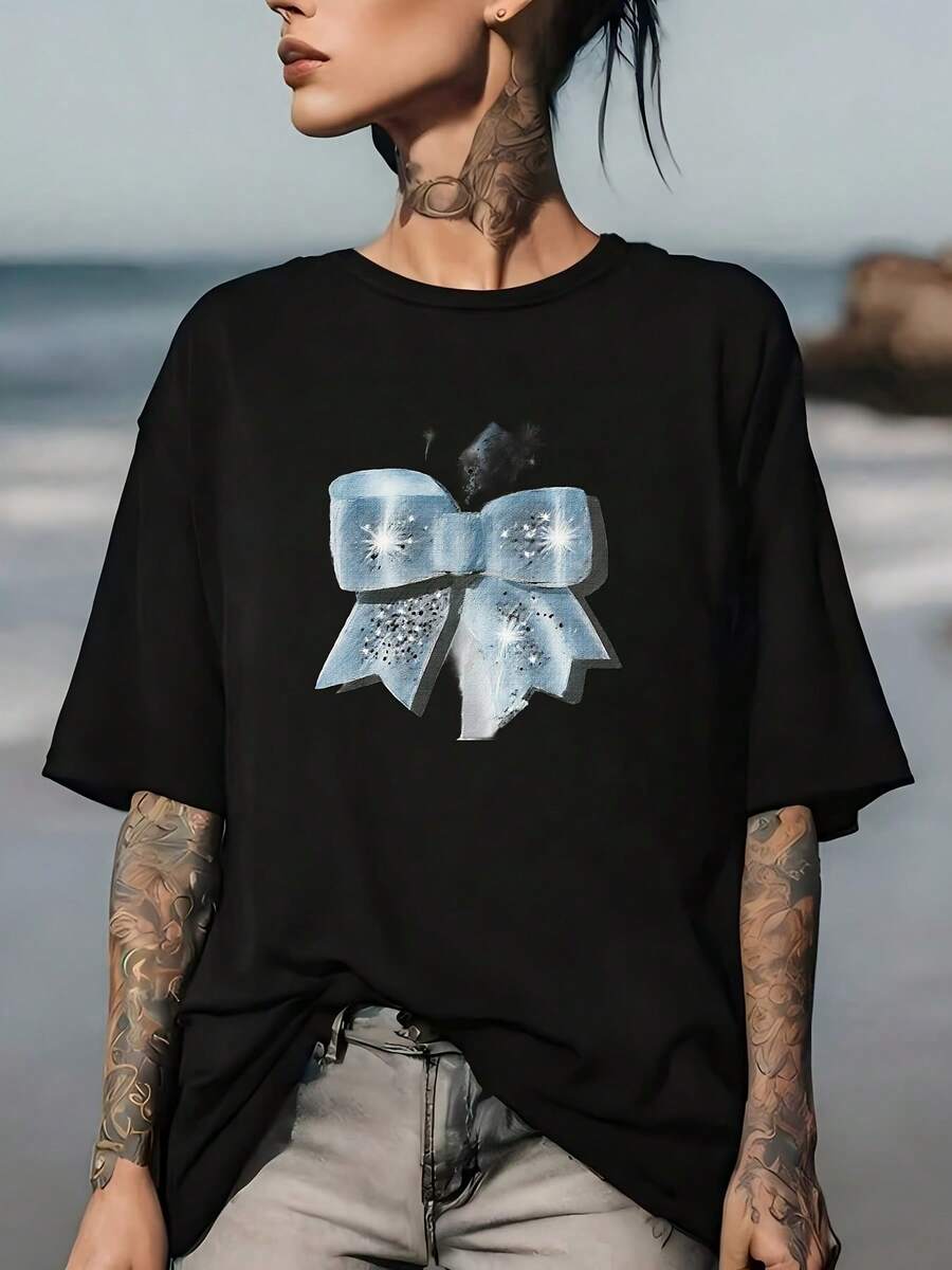 Camiseta Clásica Shiny Bow - Ideal para festivales de verano, reuniones familiares y eventos corporativos - Regalo moderno adecuado para aniversarios y celebraciones del Día del Trabajo. Camiseta de manga corta cómoda y versátil. - Negro - Ver 1