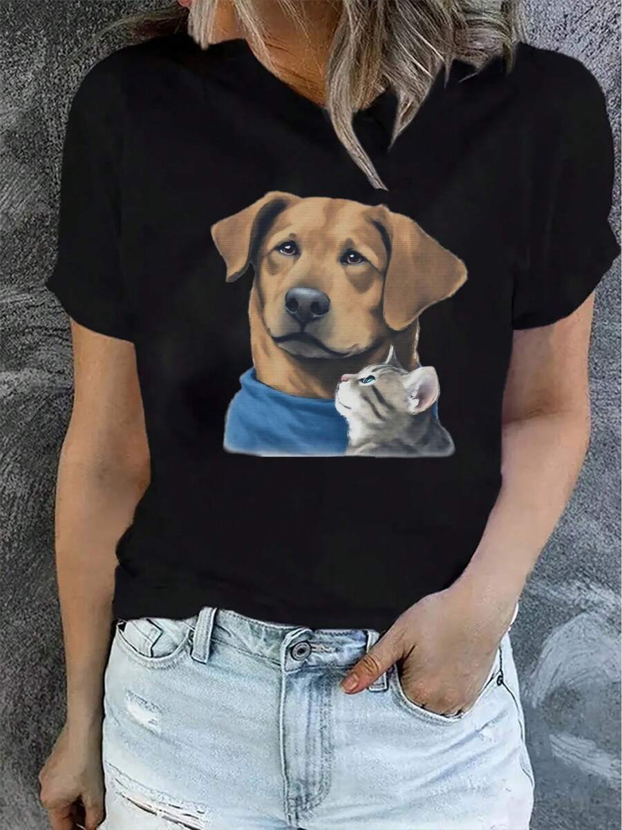 Women's Casual Short-Sleeve T-Shirt With Dog And Cat Print - Soft, Stretchy, Crew Neck, Machine Washable, Comfortable All-Season Casual Wear, Perfect For Everyday Use. | Graphic Print T-Shirt | Comfortable And Well-Fitting Women's T-Shirt. - 黑色 - 查看 1