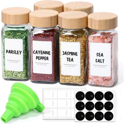 4 Oz 6Pcs Glass Spice Jars With Label, Empty Spice Containers With Bamboo Lids, Square Seasoning Containers Trial And Supplement