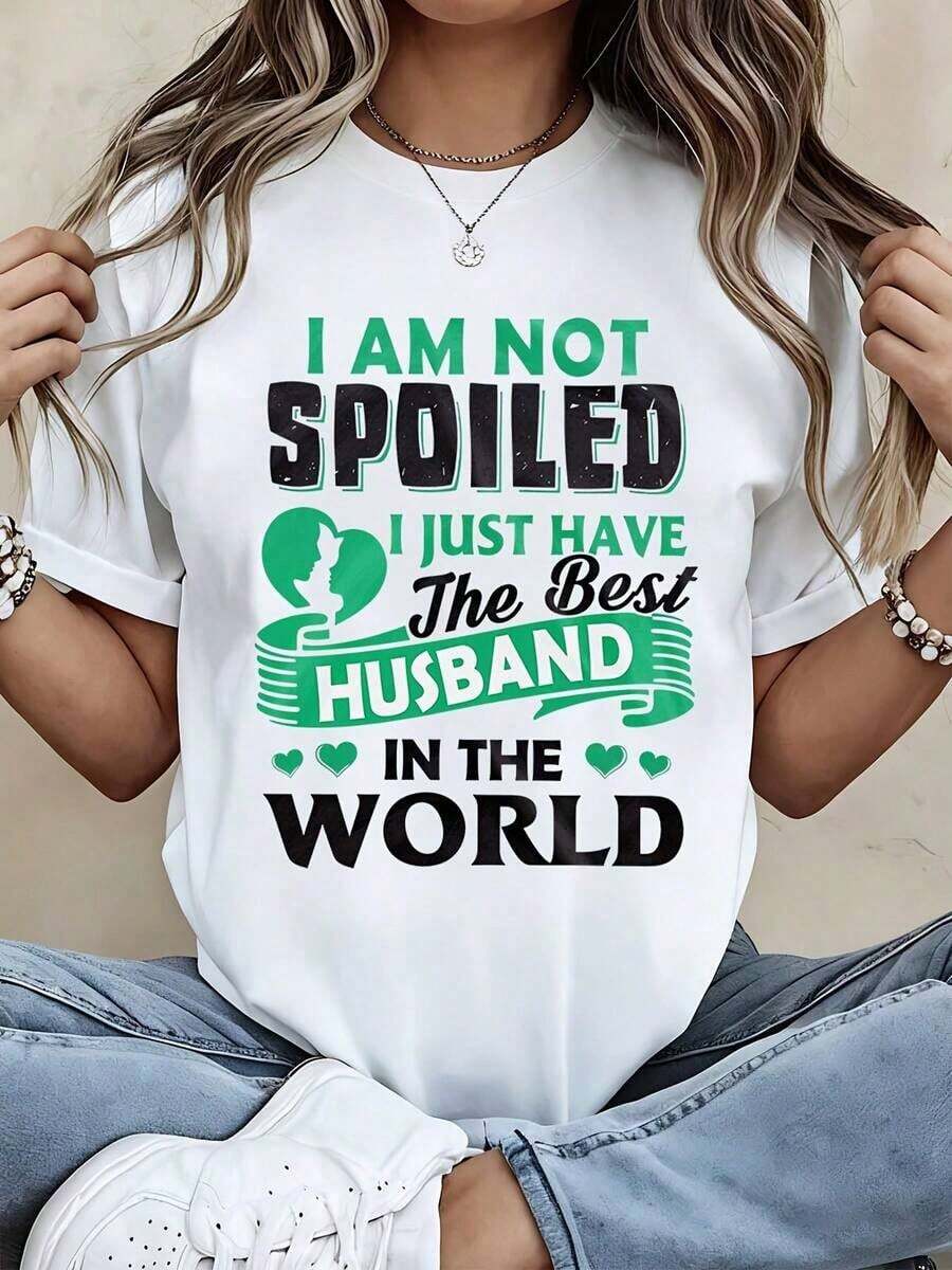 Graphic Print T-Shirt "I'm Not Spoiled, I Just Have The Best Husband In The World" For Casual And Sporty Outfits - Urban Vintage Style, Unisex, Cotton, Short Sleeve, Crew Neck, 100% Cotton. - 白色 - 查看 1