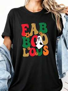 1 Women's Halloween T-Shirt (Sizes S-2XL) - "Spooky Fabulous FAB BOO LOUS" Graphic Tee - Soft, 100% Cotton, Regular Fit, Short Sleeve - Lightweight T-Shirt For Halloween Parties, Autumn Parties, And Everyday Wear. 180g Cotton 100% - Black 1 - 查看 1