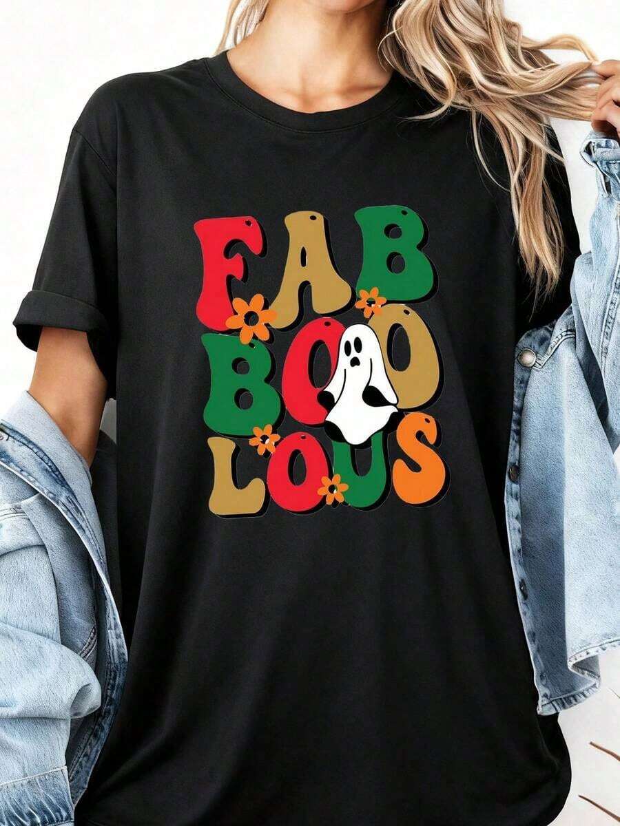 1 Women's Halloween T-Shirt (Sizes S-2XL) - "Spooky Fabulous FAB BOO LOUS" Graphic Tee - Soft, 100% Cotton, Regular Fit, Short Sleeve - Lightweight T-Shirt For Halloween Parties, Autumn Parties, And Everyday Wear. 180g Cotton 100% - Black 1 - 查看 1
