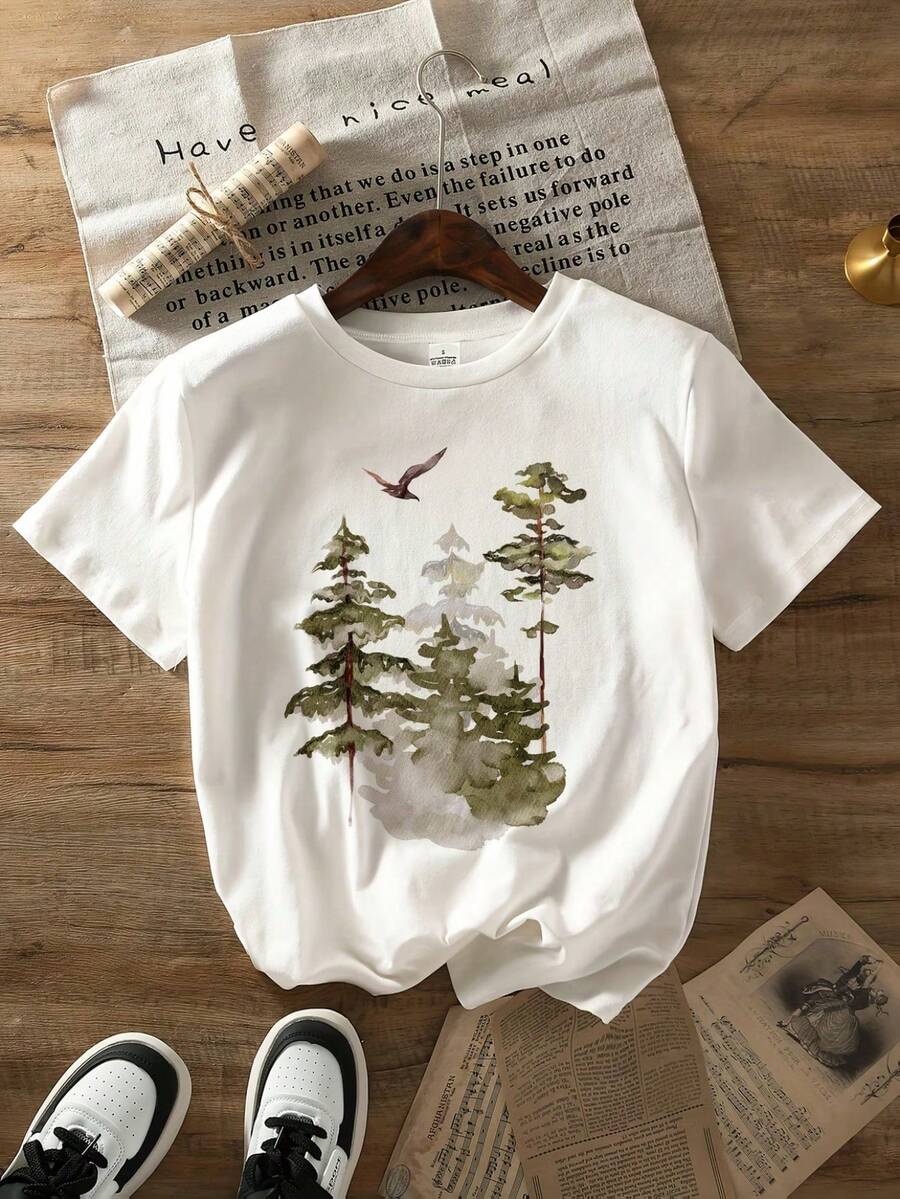 Camiseta casual de manga corta con cuello redondo, diseño de águila abstracto y fácil de pintar, estampada y transpirable, camisa casual, top de manga corta de verano para mujer - Blanco - Ver 1