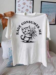 Suave, transpirable y ligera para comodidad durante todo el día. Camiseta de mujer con estampado de gato adorable "Anger Swallows Me" - blusa casual blanca de manga corta con diseño de gatit - Blanco - Ver 1