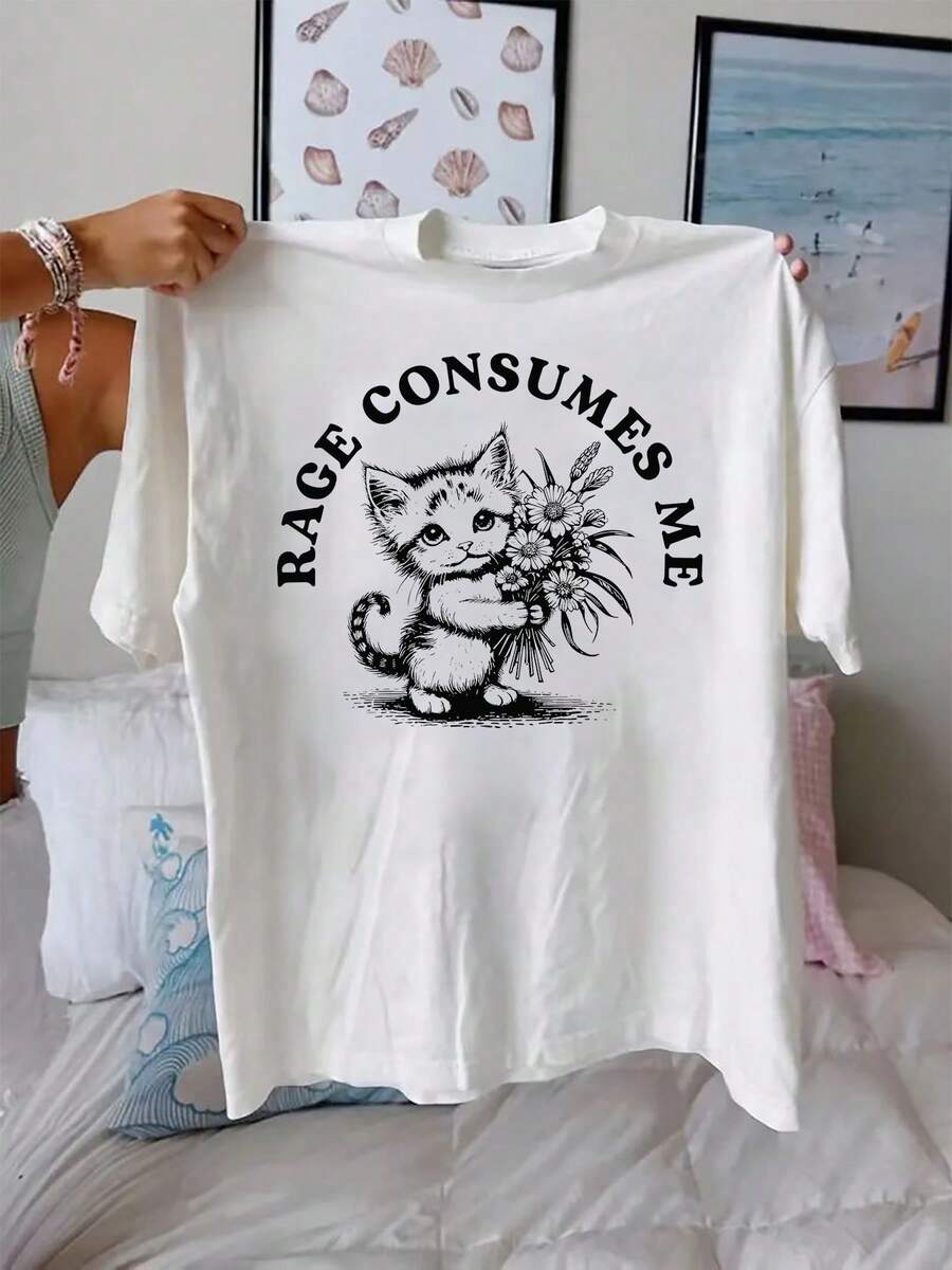 Suave, transpirable y ligera para comodidad durante todo el día. Camiseta de mujer con estampado de gato adorable "Anger Swallows Me" - blusa casual blanca de manga corta con diseño de gatit - Blanco - Ver 1