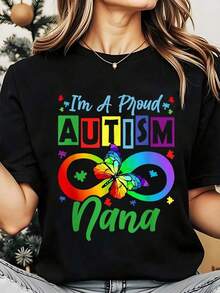 Camiseta de Cuello Redondo para Mujer con Estampado de Arcoíris, Mariposa y Símbolo de Infinito para Abuela Orgullosa de Autismo, Regalo de Concientización sobre el Autismo, 220g, Playera Holgada para Mujer - Negro - Ver 7