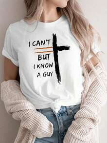 1 pieza de camiseta gráfica de manga corta y cuello redondo para mujer - "No puedo, pero conozco a alguien que sí puede" con un eslogan humorístico de fe y estampado de cruz desgastada, estética de fe cristiana, top informal para uso diario, 180g 100% algodón, los diseños están impresos. Unisexo. - Blanco - Ver 6