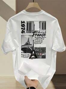 Camiseta de hombre de algodón 100% de peso pesado con diseño vintage francés de París - estampados de la Torre Eiffel y  de 1974, cuello redondo, manga corta, casual para viajes de verano y uso diario, 100% algodón. - Blanco - Ver 1