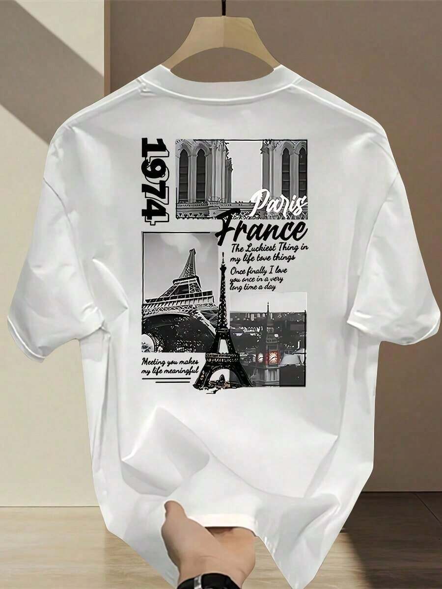 Camiseta de hombre de algodón 100% de peso pesado con diseño vintage francés de París - estampados de la Torre Eiffel y de 1974, cuello redondo, manga corta, casual para viajes de verano y uso diario, 100% algodón. - Blanco - Ver 1