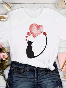 ropa de mujer Nueva camiseta de manga corta con estampado de mariposa de dibujos animados, cuello redondo, estilo estético, camisetas gráficas, camisas de mujer - Blanco - Ver 6