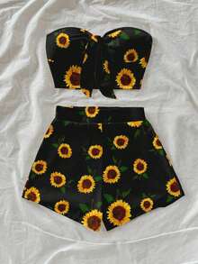 Set de 2 piezas Top bandeau y shorts informales con estampado total para mujer en vacaciones - Negro - Ver 6