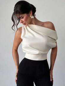 Blusa asimétrica plisada de color albaricoque, elegante y asimétrica en los hombros, adecuada para el Día de San Valentín y el verano, un nuevo y elegante diseño para primavera/verano, versátil para ir al trabajo, la oficina, el día a día, las vac - Albaricoque - Ver 10