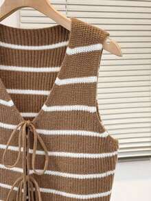 Chaleco de punto con rayas y nudo para mujer, de estilo casual - Caqui - Ver 4