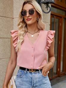 Camisa de mujer con cuello en V a rayas y mangas con volantes, camisas de verano para mujeres - Rosa vieja - Ver 7