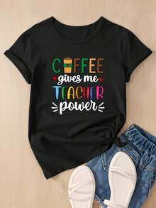 Camiseta casual holgada de manga corta para el verano con estampado de café para profesores[COD] - Negro - Ver 2