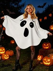 1pc White Smiling Ghost Hooded Cape, Can Be Used As Halloween Party Performance Costume Prop - White - View 2