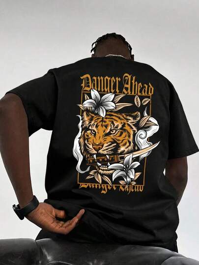  Fractyr Men's Oversized T-Shirt, "Danger Ahead" Tiger Floral Tattoo Style Graphic Tee, Gothic Streetwear Casual Top, Soft Touch Short Sleeve Crew Neck Shirt For Urban & Edgy Style