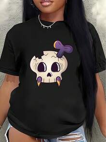 Lightweight And Durable Short-Sleeved T-Shirt With A Cool Skull Design. Perfect For Lounging At Home, Cafes, Or Outdoor Activities, Featuring Bright Purple Details And A Comfortable Fit. - 黑色 - 查看 7