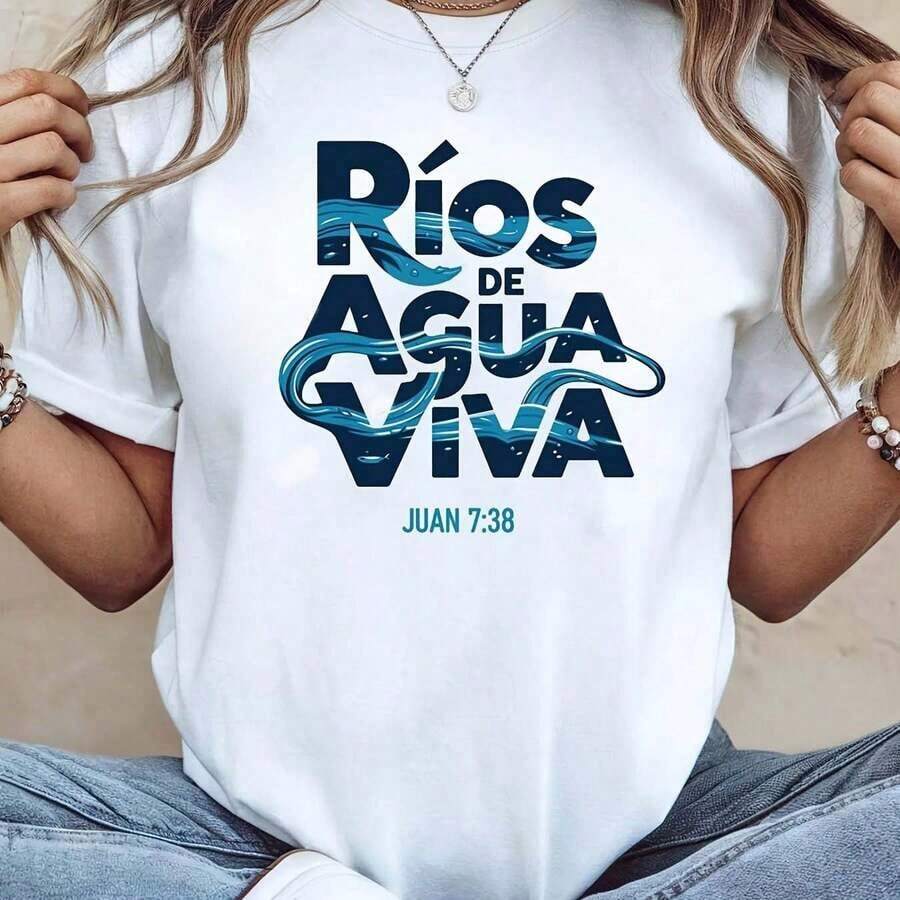 Camiseta de verano de manga corta con cuello redondo y estampado de letras, holgada y cómoda, estilo femenino. Adecuada para primavera, verano y otoño. - Blanco - Ver 1
