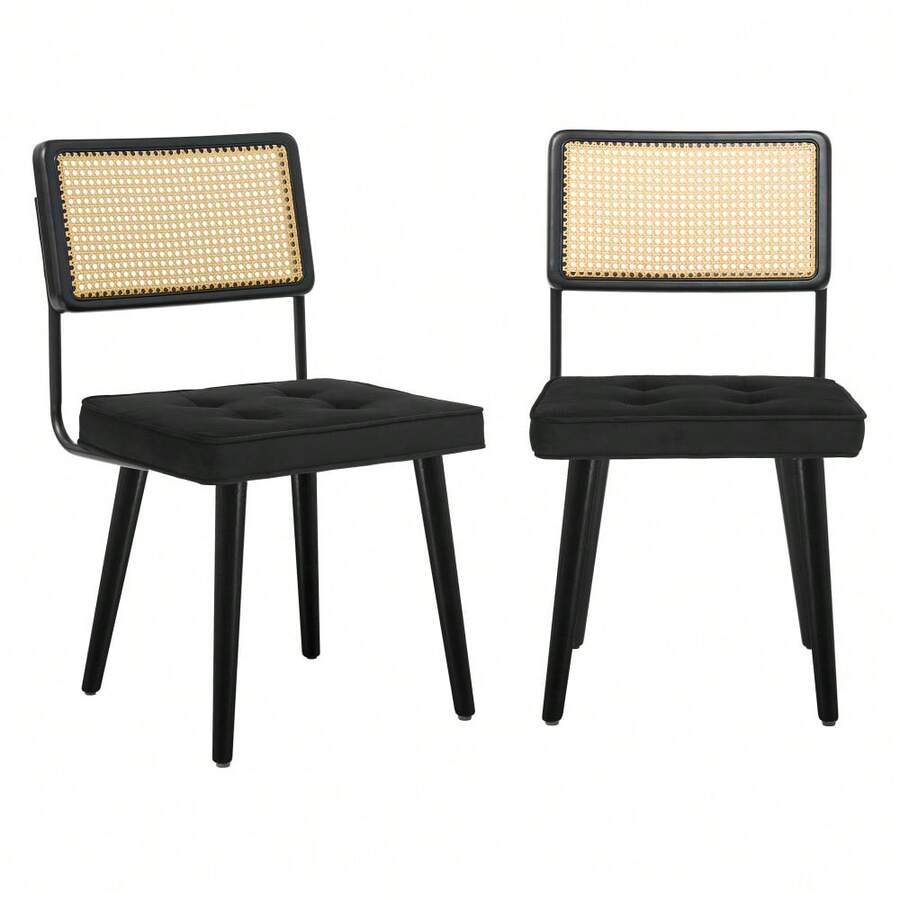 Natural Rattan Dining Chairs Upholstered Armless Side Chair With Tall Cane Backrest And Wood Legs - Easy Assembly - Black - View 1