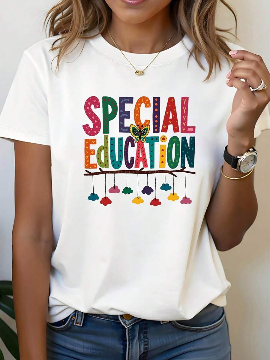 Profesora de Educación Especial EDUCACIÓN ESPECIAL Camiseta de Mujer con Estampado de Mariposas y Flores de la Serie Cálida, Cuello Redondo, Moda Casual, Primavera Verano, Uso Diario