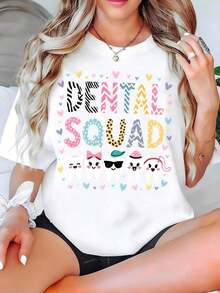 Camiseta estampada para mujer con diseño de dientes de caricatura de equipo dental, manga corta, cuello redondo, top casual para primavera y verano, regalo perfecto para dentistas e higienistas dentales. Ropa de talla grande para mujer, blusas estampadas para mujer. - Blanco - Ver 6