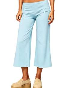 Womens Low Rise Capri Pants Fold Over Waistband Solid Color Slim Fit Cropped Pants Trousers - 天藍色 - 查看 2
