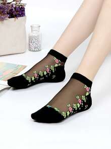 1/5 Pairs Random Women's Short Socks, Black Crystal Silk Embroidered Floral Pattern Glass Silk Thin Breathable Moisture-Wicking Fashion Socks, Suitable For Daily Wear - Multicolor - View 4