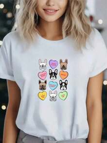 blusas 1pc Camiseta Casual para Mujer con Estampado de Bulldog Francés y Corazones - Top de Manga Corta con Cuello Redondo de Alta Elasticidad para Primavera, Verano y Otoño, Camiseta Deportiva Lavable a Máquina con Diseño Divertido de Cachorro, Camisetas para Mujer, Moda de Temporada, Tela No Transparente, Adecuada para primavera, verano y otoño. - Blanco - Ver 1