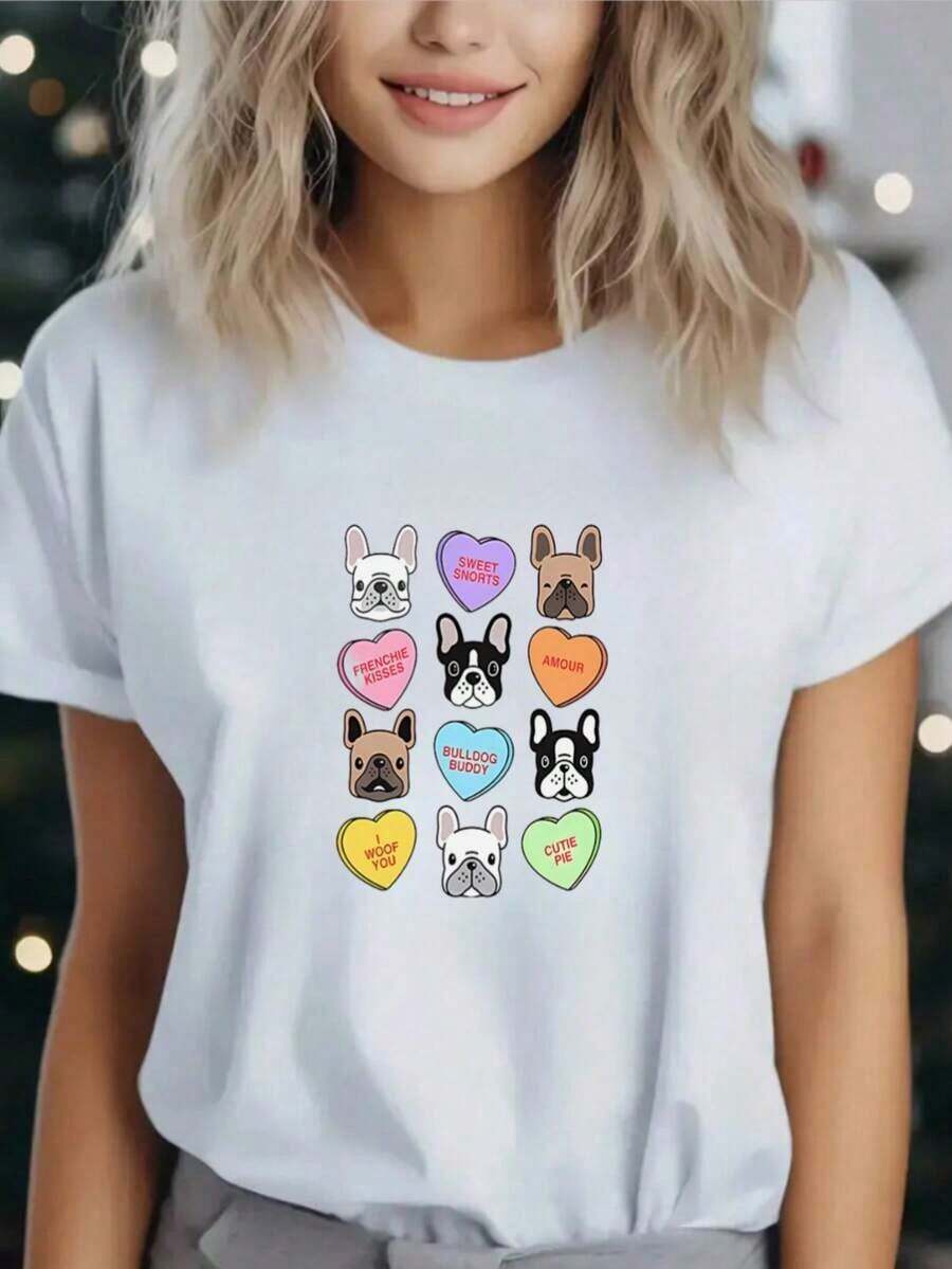blusas 1pc Camiseta Casual para Mujer con Estampado de Bulldog Francés y Corazones - Top de Manga Corta con Cuello Redondo de Alta Elasticidad para Primavera, Verano y Otoño, Camiseta Deportiva Lavable a Máquina con Diseño Divertido de Cachorro, Camisetas para Mujer, Moda de Temporada, Tela No Transparente, Adecuada para primavera, verano y otoño. - Blanco - Ver 1