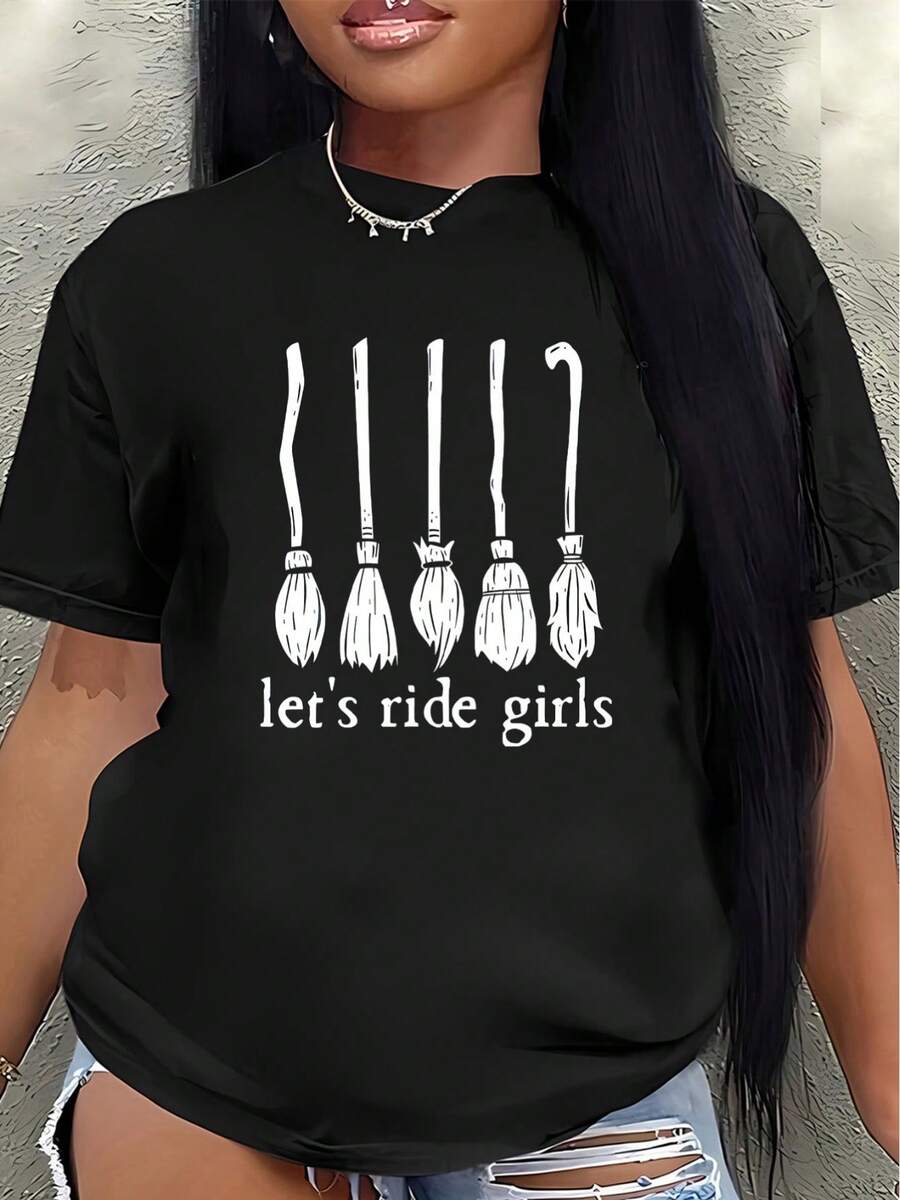 This Lightweight And Durable Short-Sleeved T-Shirt, Featuring A Witch's Broom Design And "Let's Ride" Print, Is Perfect For Casual Outings, Parties, Or Halloween Celebrations, Offering A Comfortable Everyday Wear Experience. - 黑色 - 查看 1