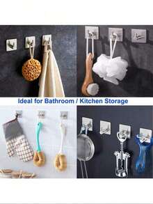Adhesive Hooks,Stainless Steel Square Adhe Heavy-Duty Waterproof Stainless Steel Self-Adhesive Hooks, Shower Wall Hooks, Bathroom Kitchen Towel Adhesive Hooks. Heavy-Duty Wall Hooks, Waterproof Stainless Steel Hooks, For Hanging Coats, Hats, Towels, - Silver - View 5