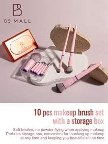 BS-MALL 10pcs Pink Detachable Makeup Brush Set With Square Storage Box, Professional Interchangeable Travel Makeup Tools, Portable Face And Eye Beauty Set - Baby Pink - View 5