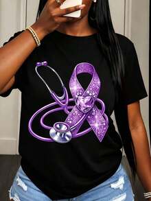 Camiseta de Mujer con Diseño de Lazo Morado de Concientización y Estetoscopio para Uso Casual en Primavera Verano - Negro - Ver 6
