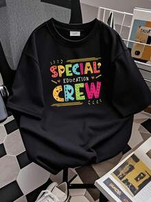 Camiseta de Trabajo para Maestros de Educación Especial con Diseño Simple y Versátil |   Transpirable, cómoda, elegante, casual, elástica, camiseta multifuncional para uso diario, tela no elástica, cuello redondo, mangas cortas, adecuada para todas las estaciones, muy adecuada para adultos, camiseta de algodón. - Negro - Ver 5
