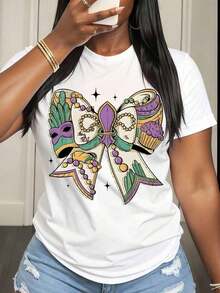 Camiseta de Cuello Redondo para Mujer con Diseño de Lazo para Fiesta de Mardi Gras, Estampado de Máscara, Cupcake y Cuentas, Ropa Casual Diaria para Festivales y Celebraciones - Blanco - Ver 6