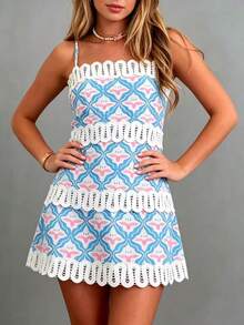 KZKZWK Women's Floral Print Corset Mini Dress, Spaghetti Strap With Lace Trim, Y2K Aesthetic, Summer Flared Skirt, Bodycon Short Dress, Fairycore Style, Vaca - 藍色 - 查看 4