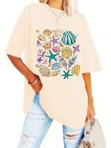 Camiseta holgada con estampado de temática oceánica 2026, top casual de manga corta y cuello redondo para primavera y verano, camiseta holgada para mujer. - Albaricoque - Ver 1