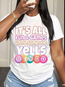 Camiseta Casual para Mujer con Estampado Gráfico de "Diversión y Juegos Hasta que Alguien Grita Bingo" para Atuendo de Noche de Juegos en Grupo - Blanco - Ver 1