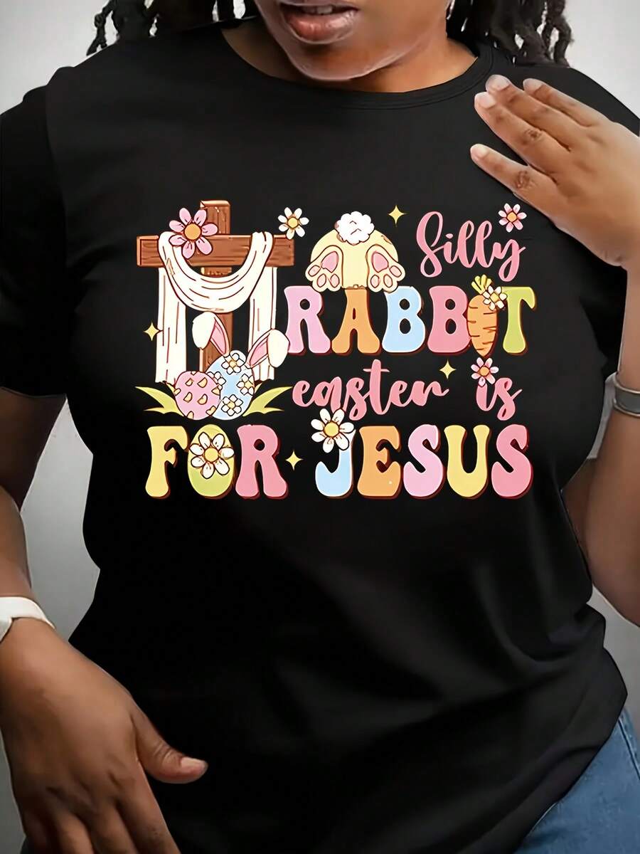1 pieza de camiseta casual de cuello redondo de talla grande con estampado de conejo de Pascua, 180g, 100% algodón. - Negro - Ver 1
