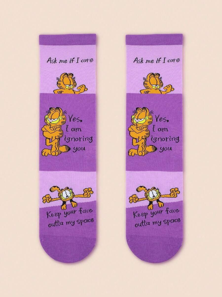 Noctvar OBM Sleepwear X Garfield 男士中筒袜一双装,趣味中筒袜,适合情人节、生日等场合作为礼物。个性化、趣味、色彩缤纷、创意卡通设计,是理想的节日礼物,舒适透气,可增进家庭氛围,时尚男女皆宜,疯狂动漫风格卡通袜 - 彩色 - 查看 1