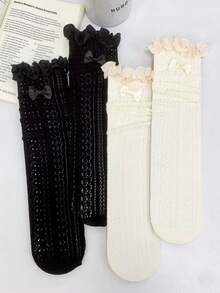 1/2 Pairs Spring/Summer Thin Sweet Lace Ruffle Bow Soft Knit Mid-Calf Socks - Multicolor - View 11