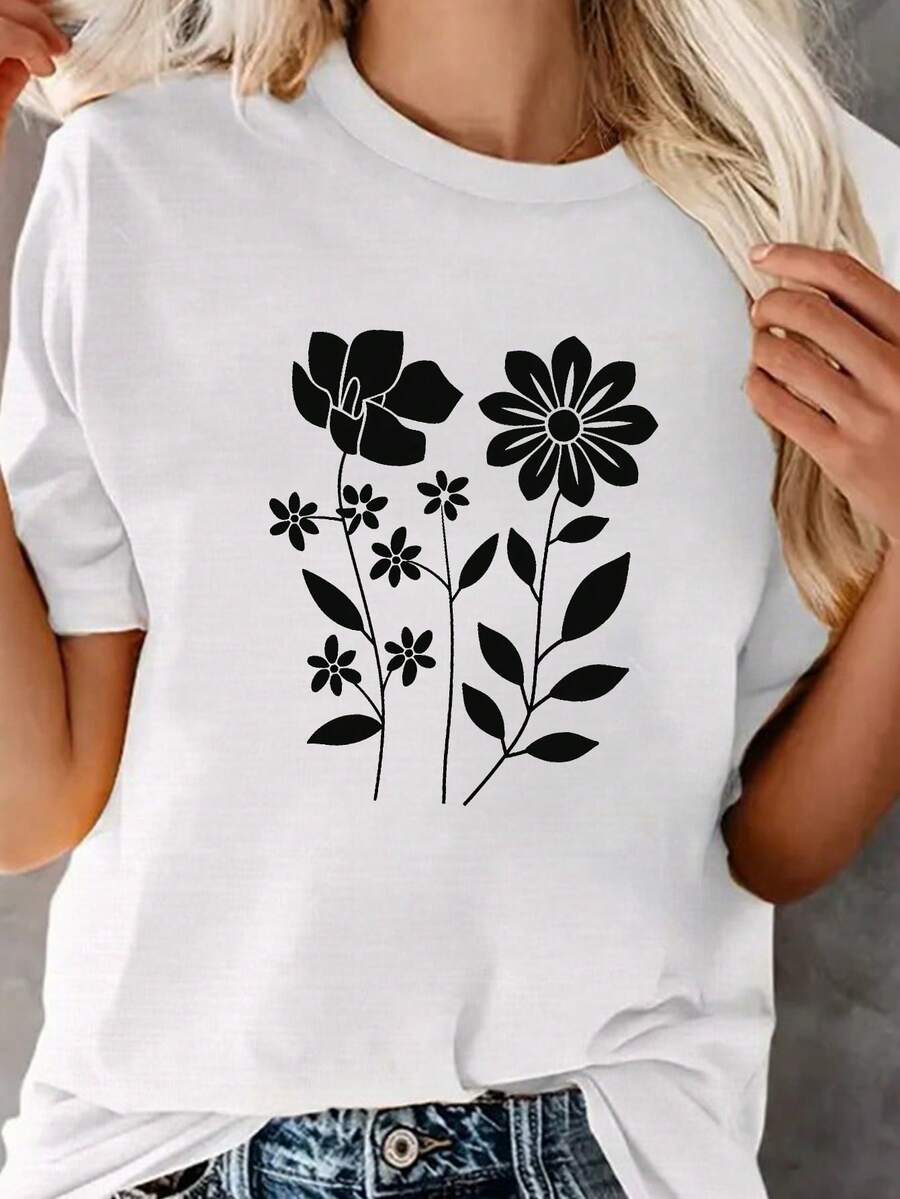 Camiseta de algodón oversize para mujer, con estampado floral, cuello redondo, estilo casual de primavera/verano, manga corta, cómoda, suave y sencilla para uso diario. - Blanco - Ver 1