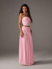 Unity Conjunto de 2 piezas de top corto de bustier de malla de unicolor y falda larga para mujer - Rosa - Ver 7