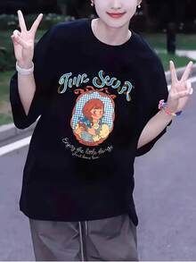 Women's Clothing / Y2K Plus Size T-Shirt - Casual Long T-Shirt, Loose Black Shirt With Cute Sailor Print, Ideal For Daily Wear And Themed Events, Machine Washable, Summer Streetwear, Comfortable Printed T-Shirt, Non-See-Through Material. - 黑色 - 查看 2